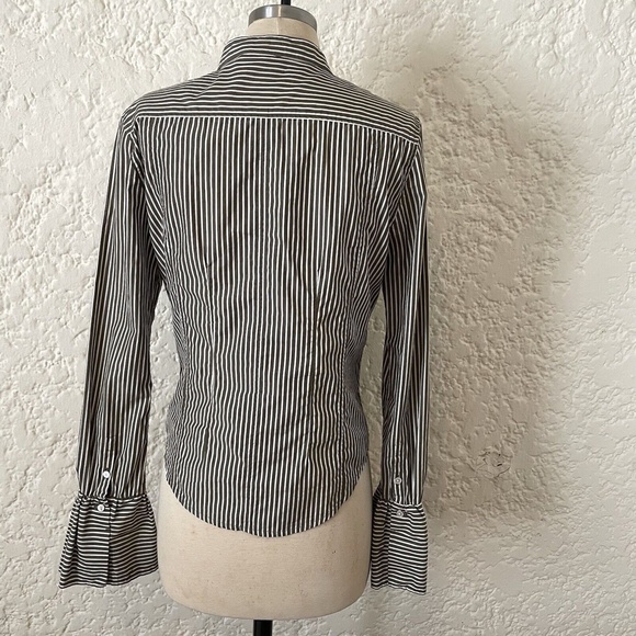 FRAME Size Small Bell Sleeve Button Down Top, Sage Green Striped Poplin Blouse - Picture 3 of 9
